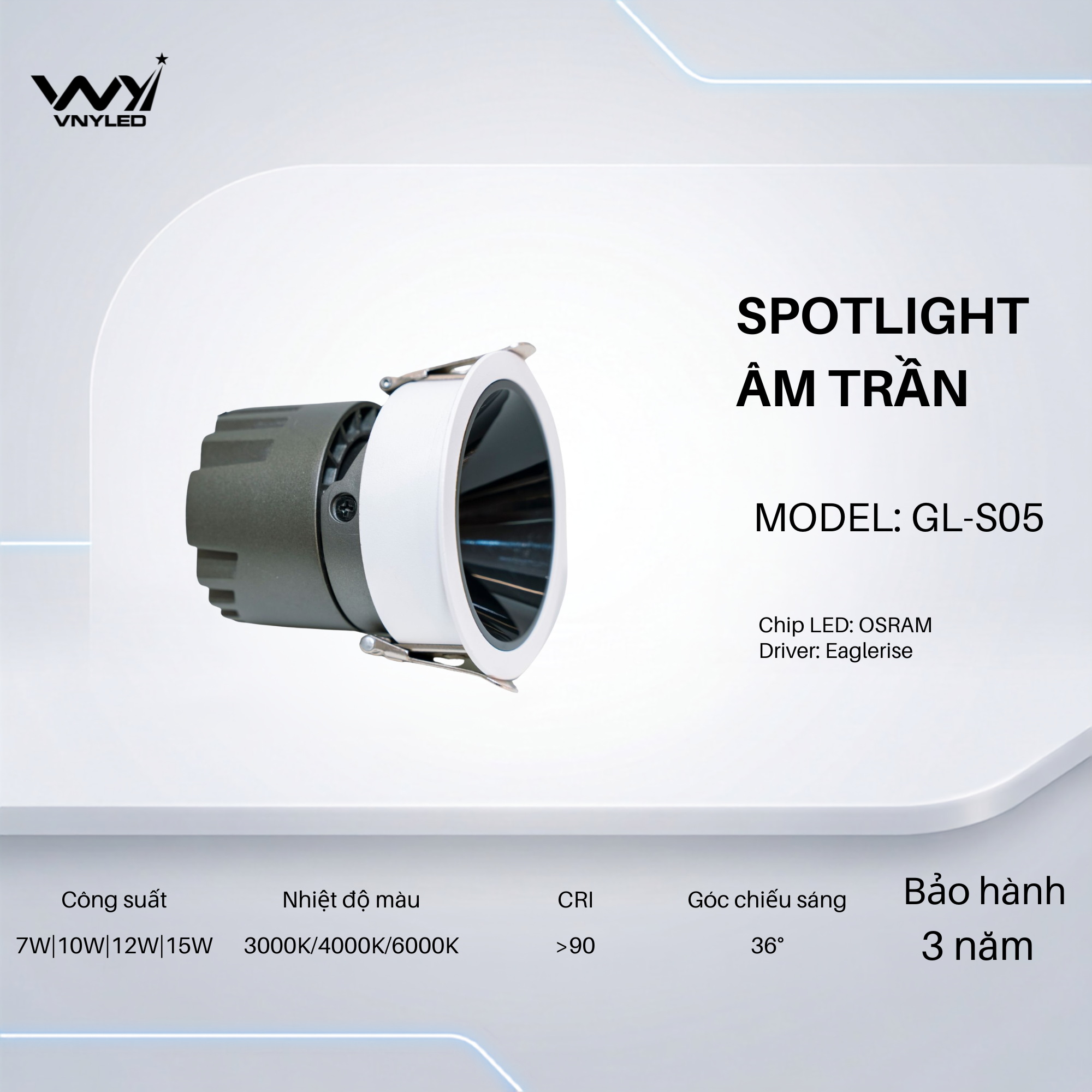 Đèn LED Spotlight Âm Trần CRI90 7W|10W|12W|15W Model GL-S05 - VNYLED