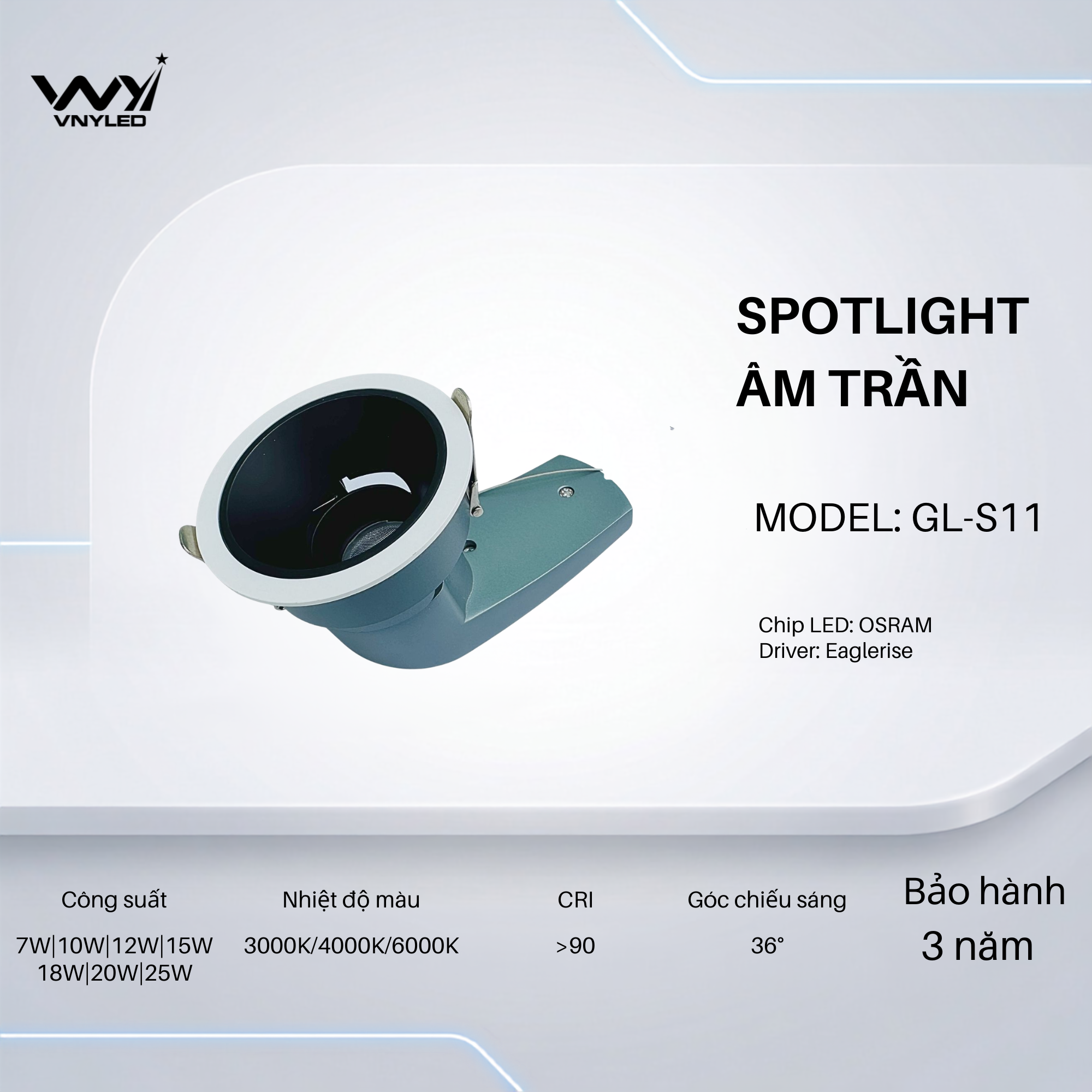 Đèn LED Spotlight Âm Trần 12W|15W|18W|20W|25W CRI90 Model GL-S11 - VNYLED
