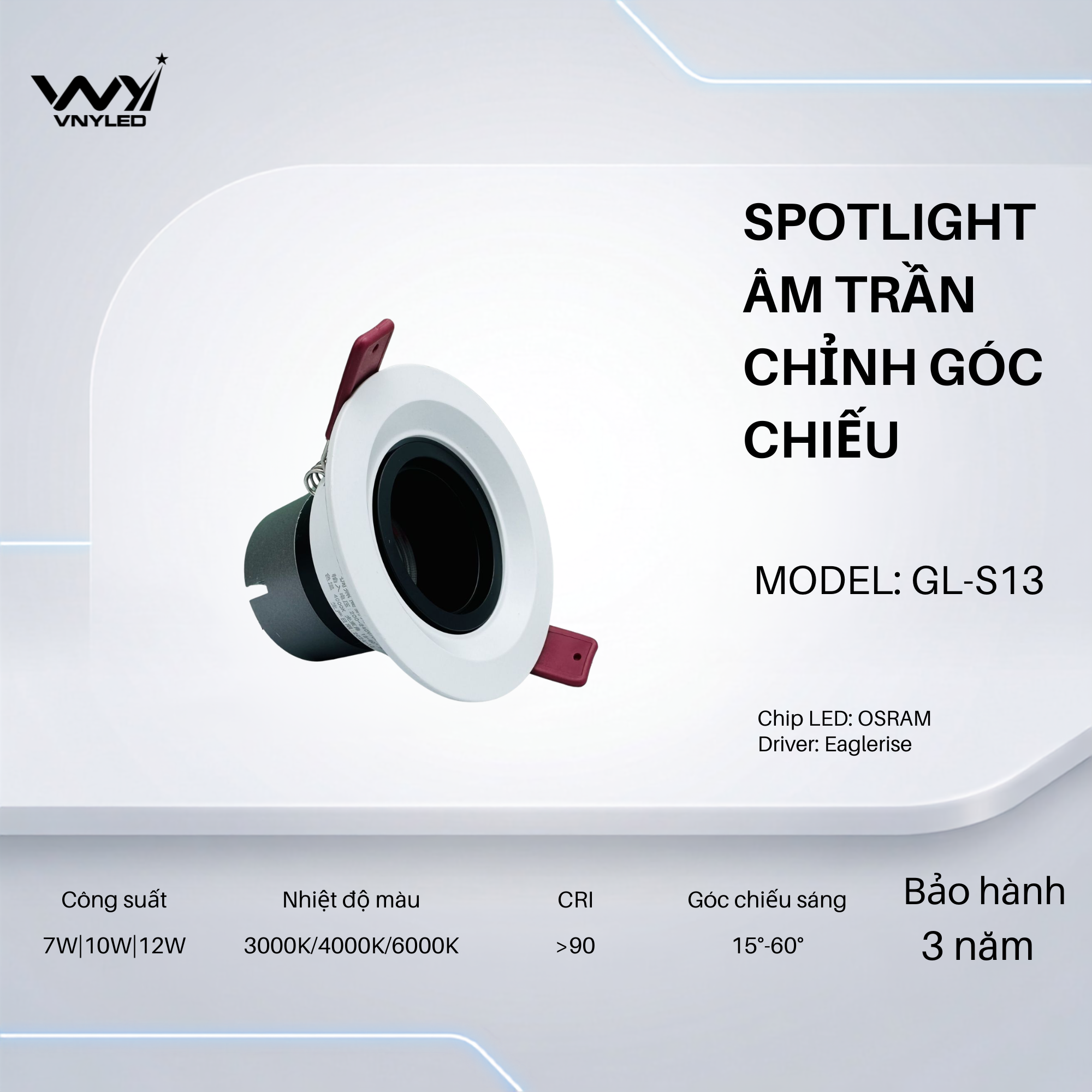 Đèn LED Spotlight Âm Trần 7W|10W|12W CRI90 Model GL-S13 - VNYLED