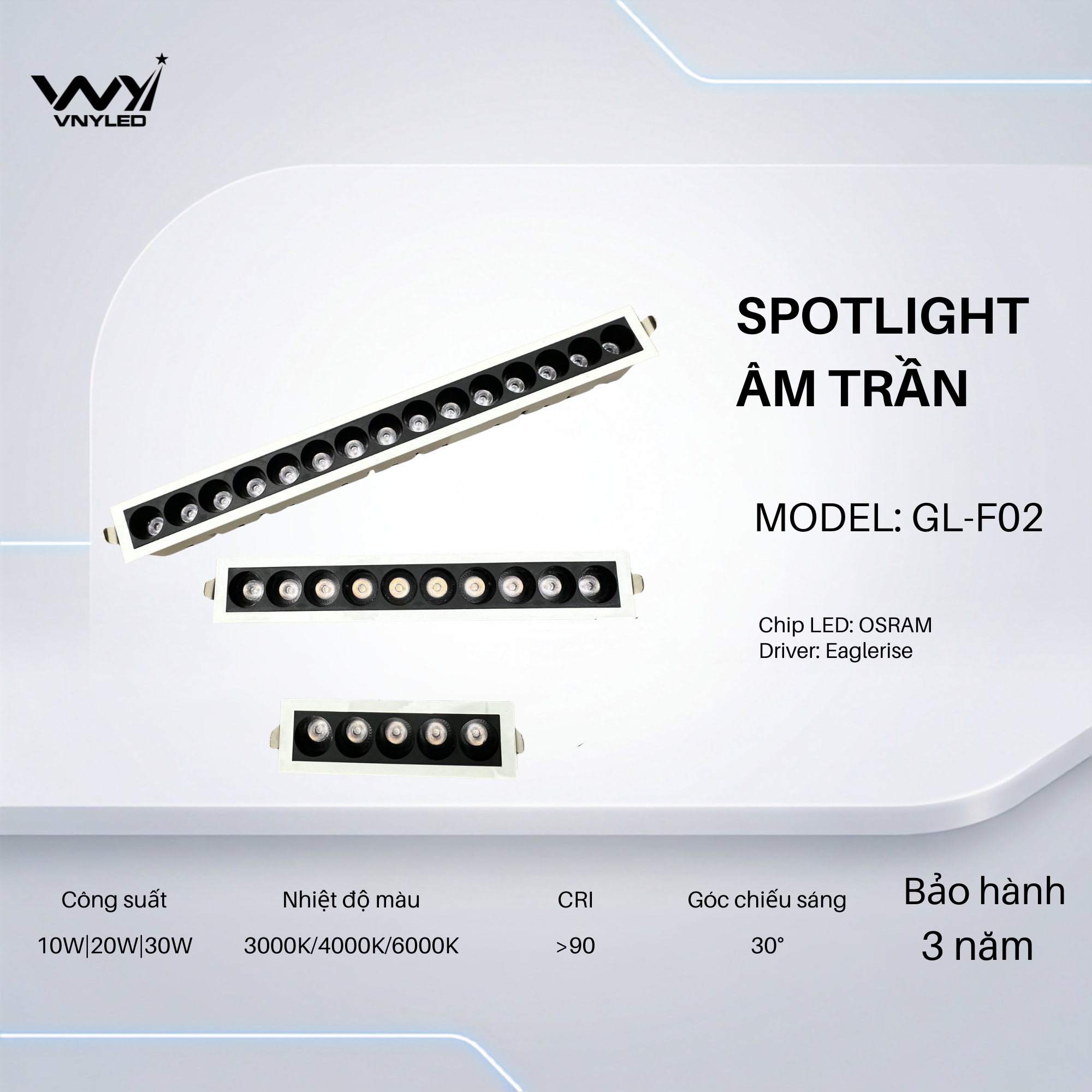 Đèn LED Spotlight Âm Trần 10W|20W|30W CRI90 Model GL-F02 - VNYLED