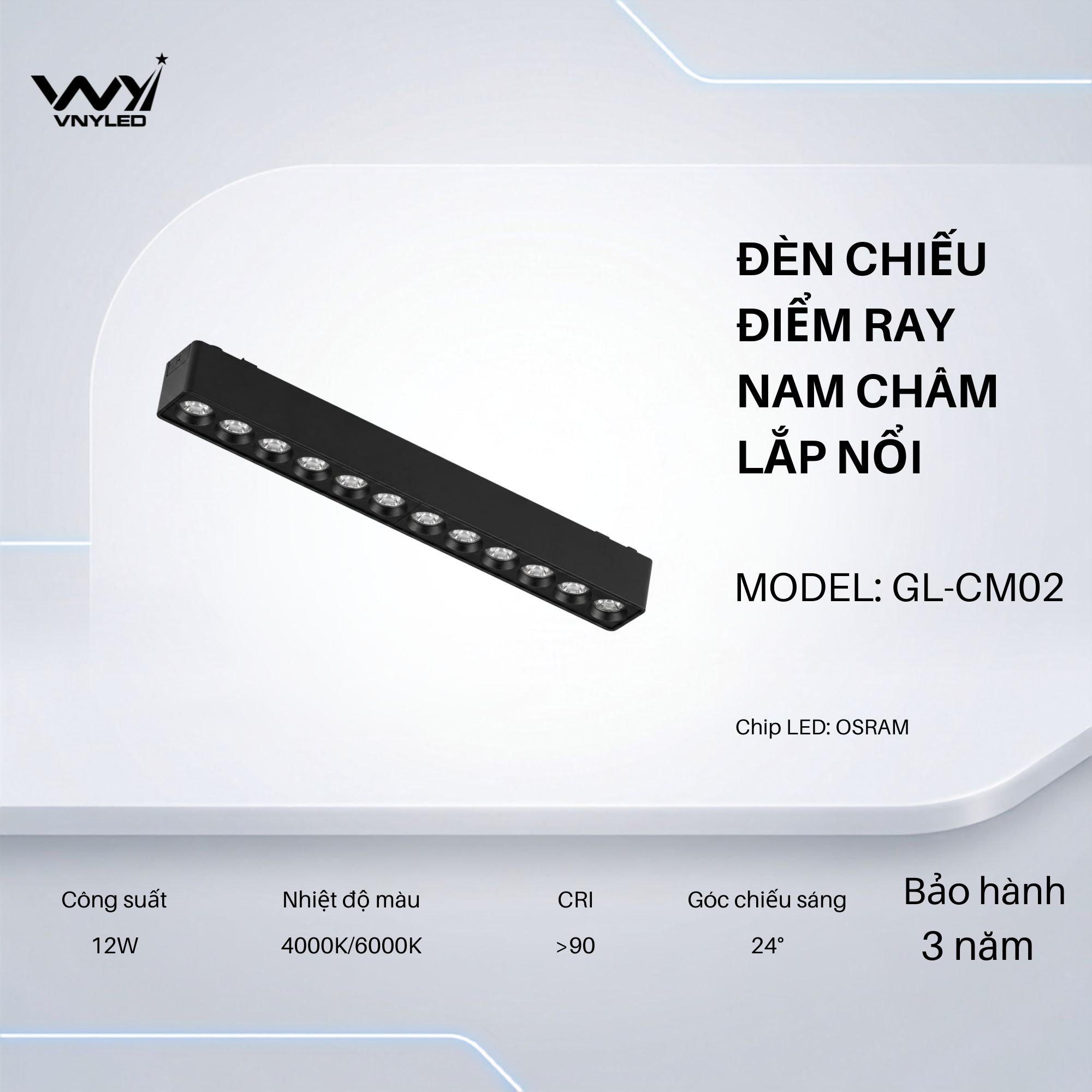 Đèn LED Chiếu Điểm Ray Nam Châm Lắp Nổi 12W CRI90 Model GL-CM02 - VNYLED