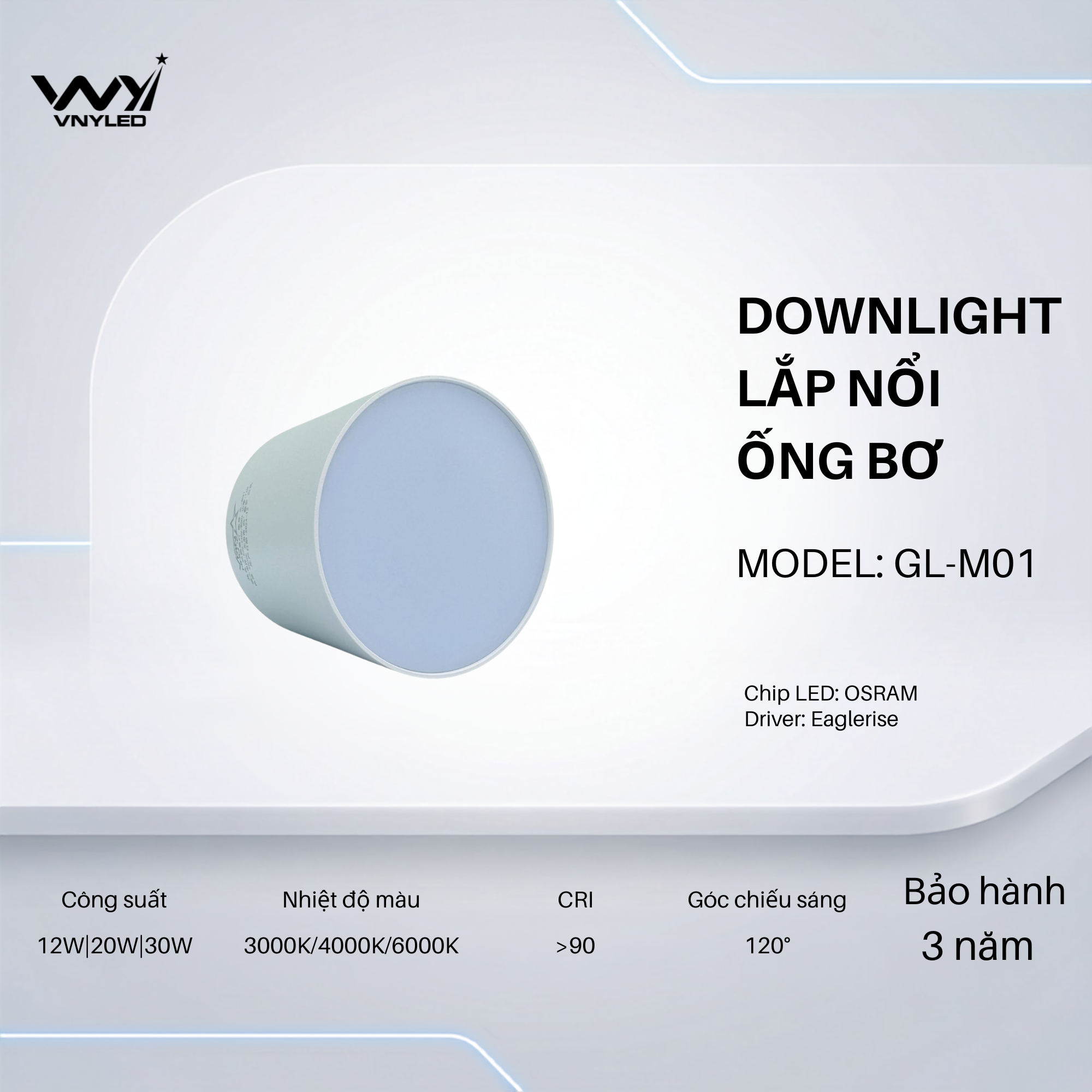 Đèn LED Ống Bơ Lắp Nổi 12W|20W|30W CRI90 Model GL-M01 - VNYLED