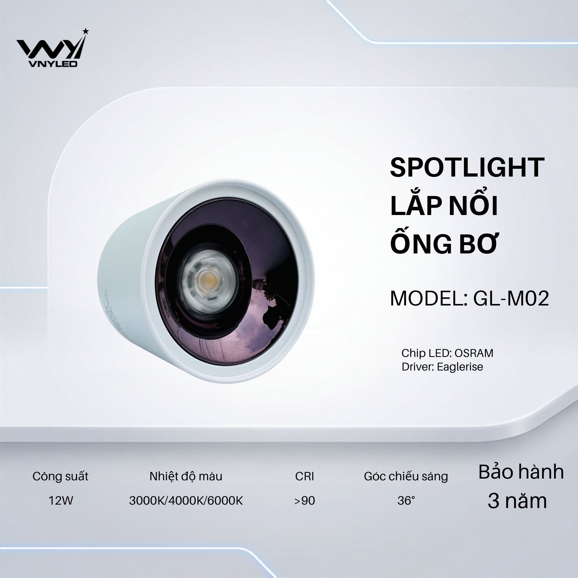 Đèn LED Ống Bơ Lắp Nổi 12W CRI90 Model GL-M02 - VNYLED