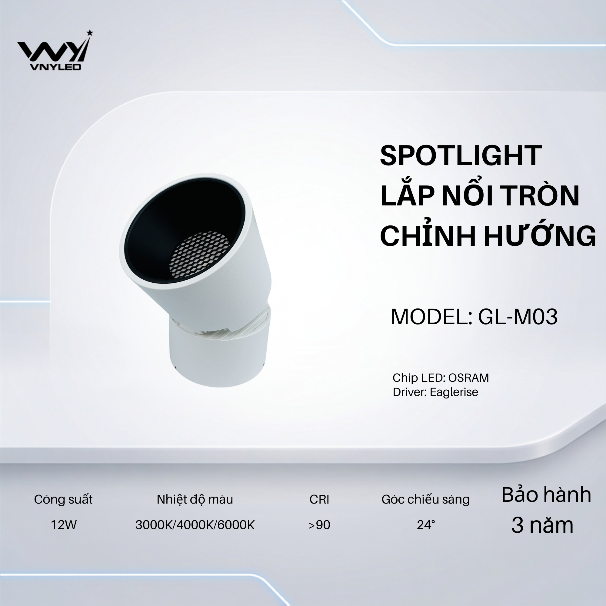 Đèn LED Ống Bơ Lắp Nổi Chỉnh Hướng 12W CRI90 Model GL-M03 - VNYLED