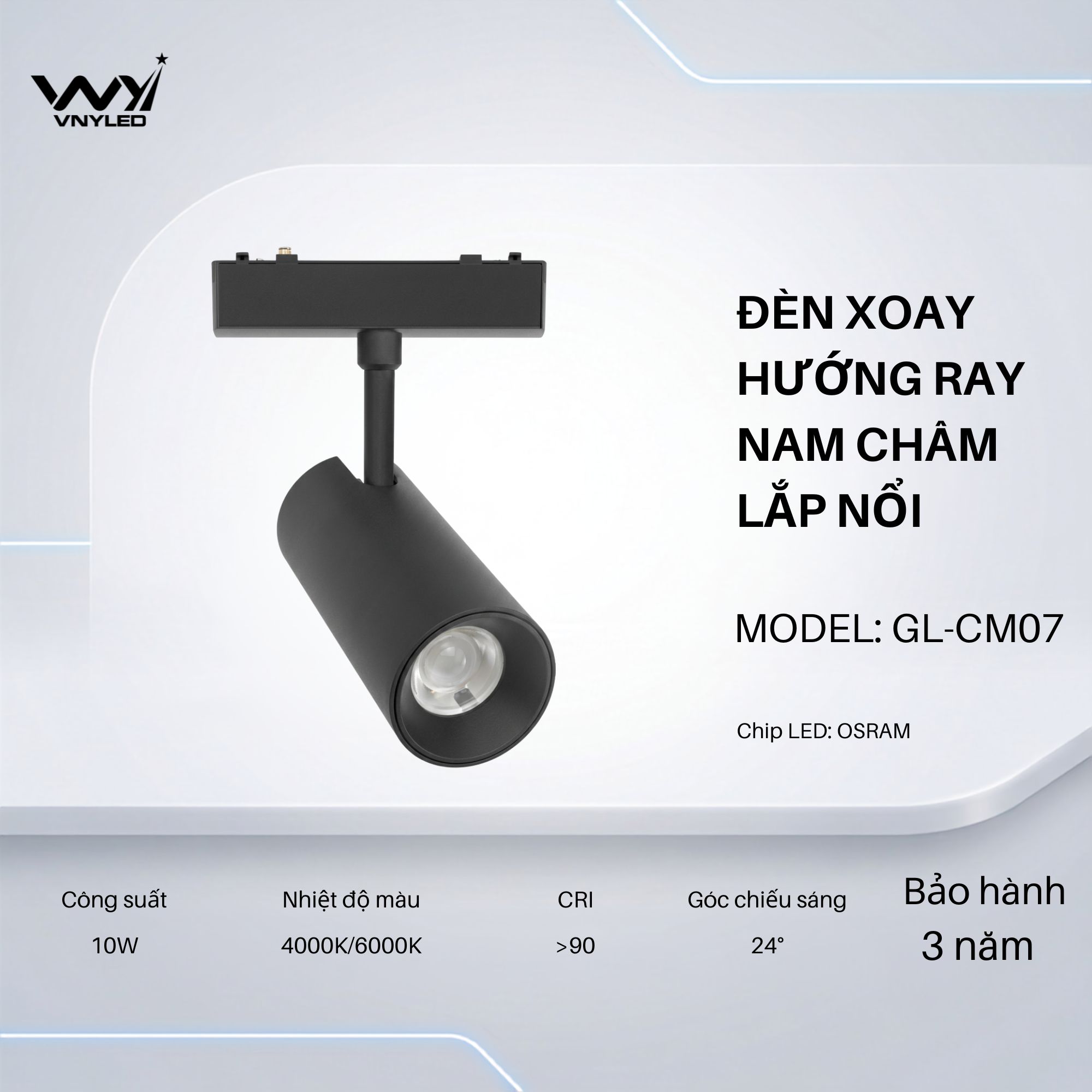 Đèn LED Xoay Hướng Ray Nam Châm Lắp Nổi 10W CRI90 Model GL-CM07 - VNYLED