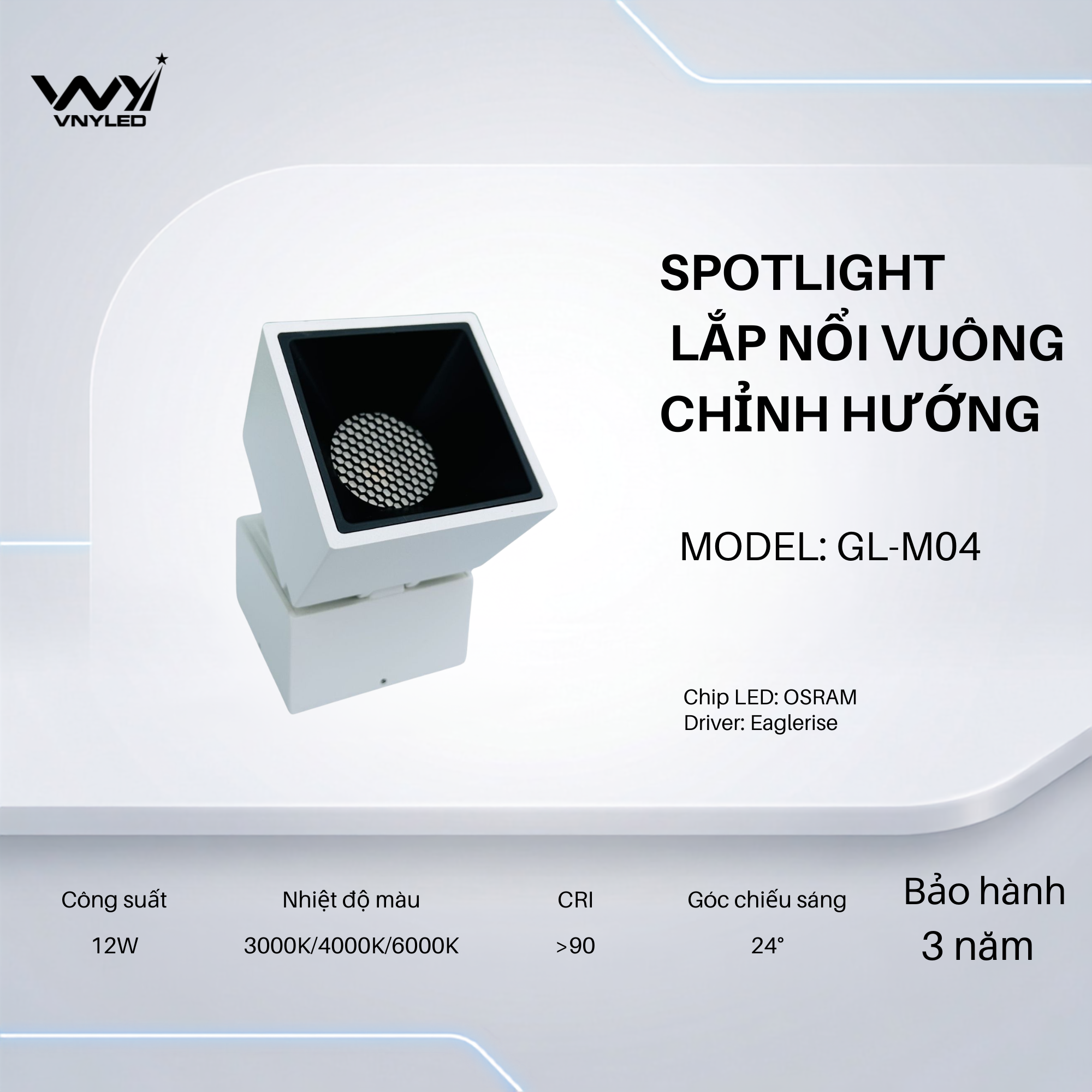 Đèn LED Ống Bơ Lắp Nổi Chỉnh Hướng 12W CRI90 Model GL-M04 - VNYLED
