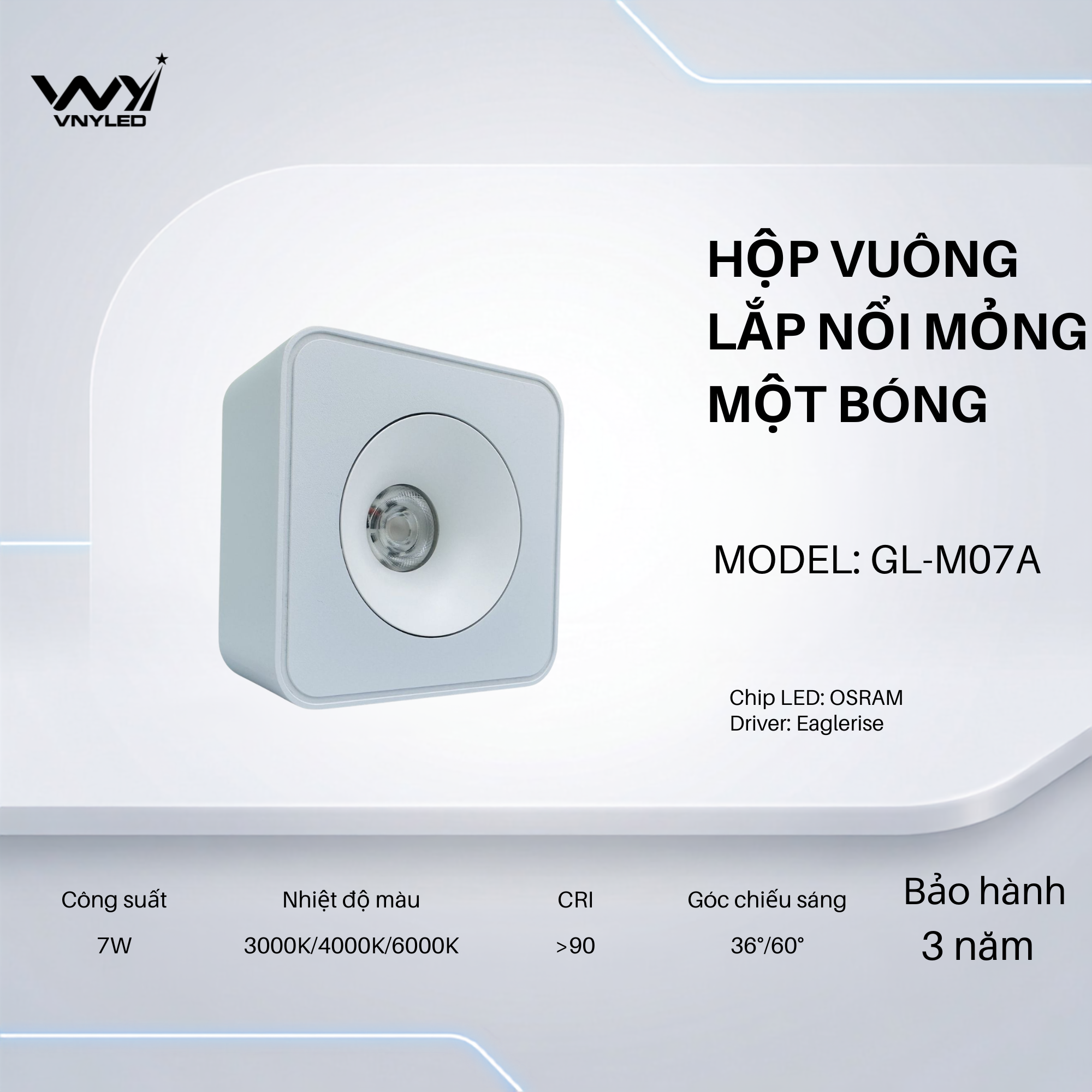 Đèn LED Spotlight Lắp Nổi Thân Mỏng Một Bóng 7W CRI90 Model GL-M07A - VNYLED