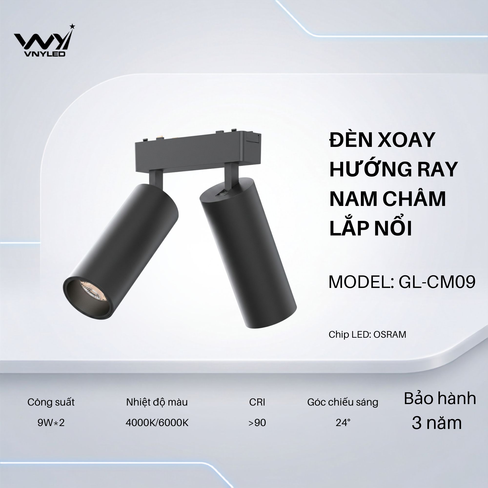 Đèn LED Xoay Hướng Hai Bóng Ray Nam Châm Lắp Nổi CRI90 Model GL-CM09 - VNYLED