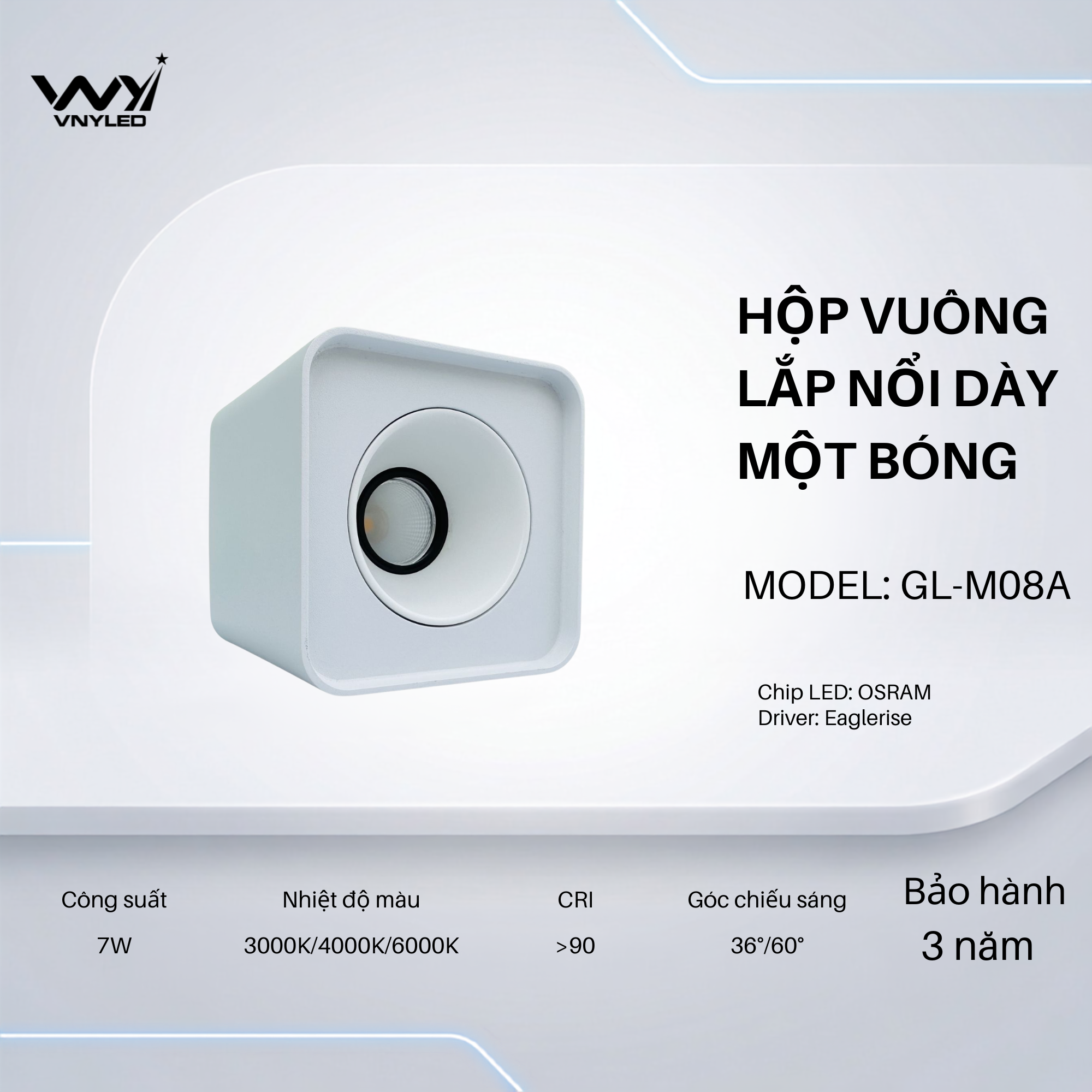 Đèn LED Spotlight Lắp Nổi Thân Dày Một Bóng 7W CRI90 Model GL-M08A - VNYLED