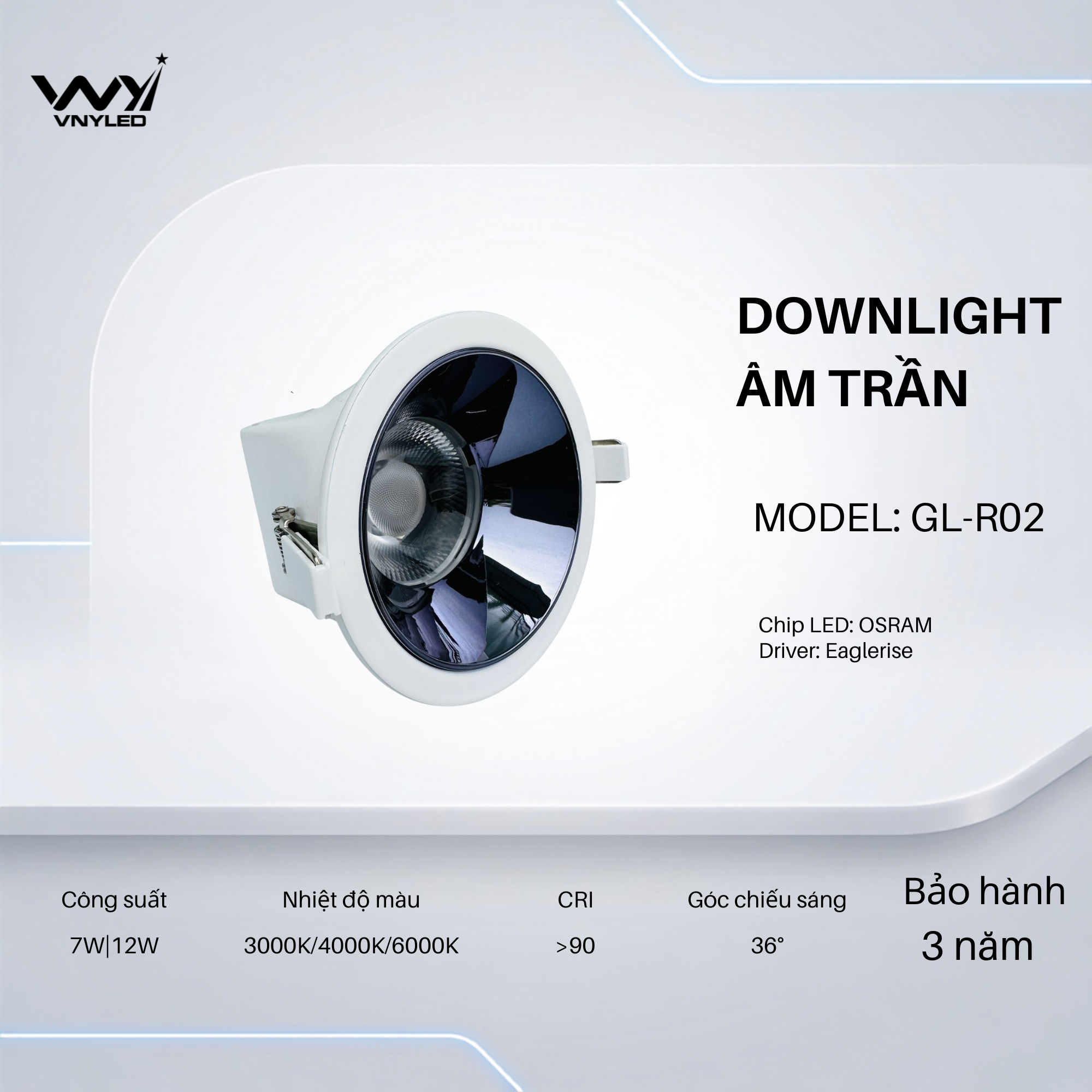Đèn LED Downlight Âm Trần 7W|12W CRI90 Model GL-R02 - VNYLED