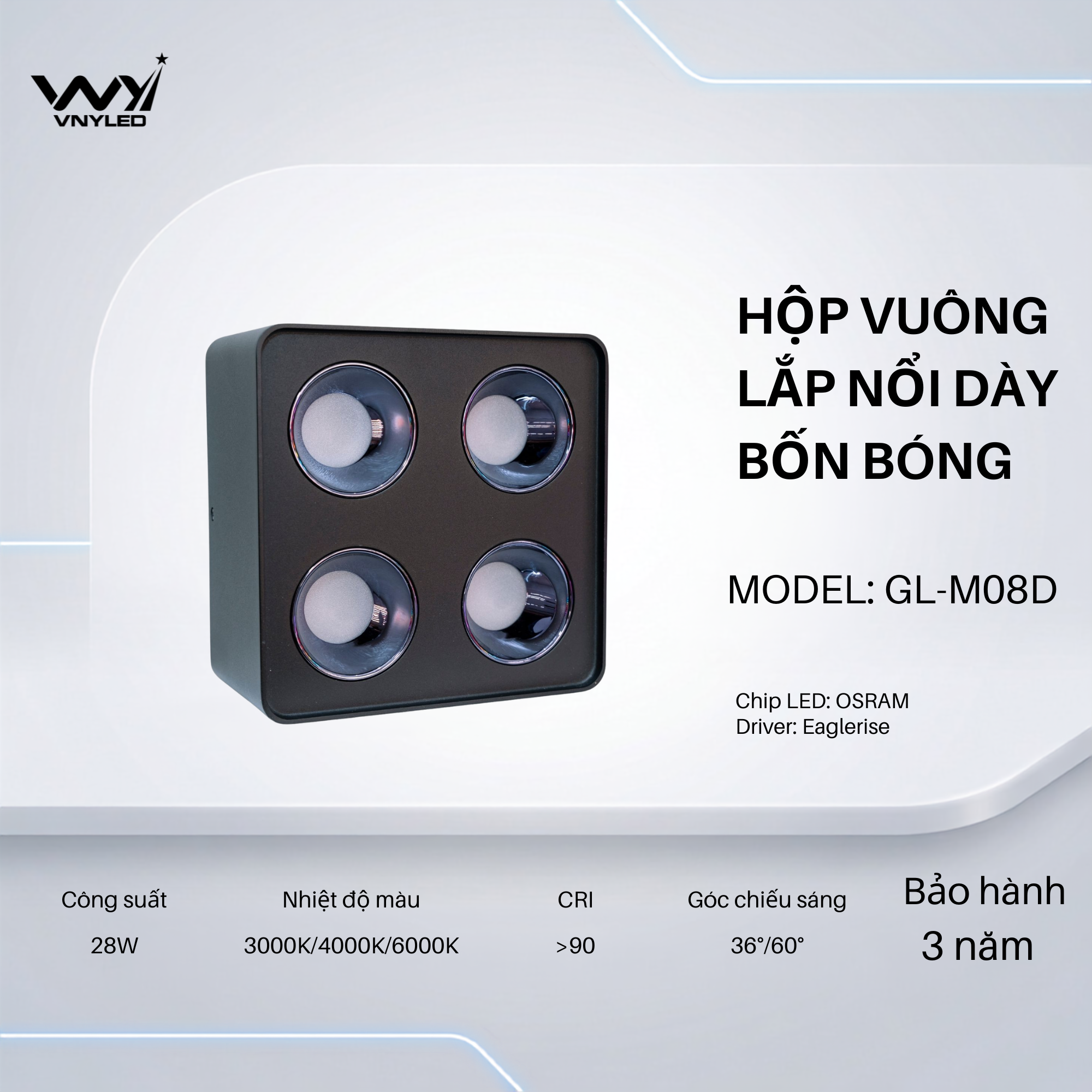 Đèn LED Spotlight Lắp Nổi Thân Dày Bốn Bóng 28W CRI90 Model GL-M08D - VNYLED