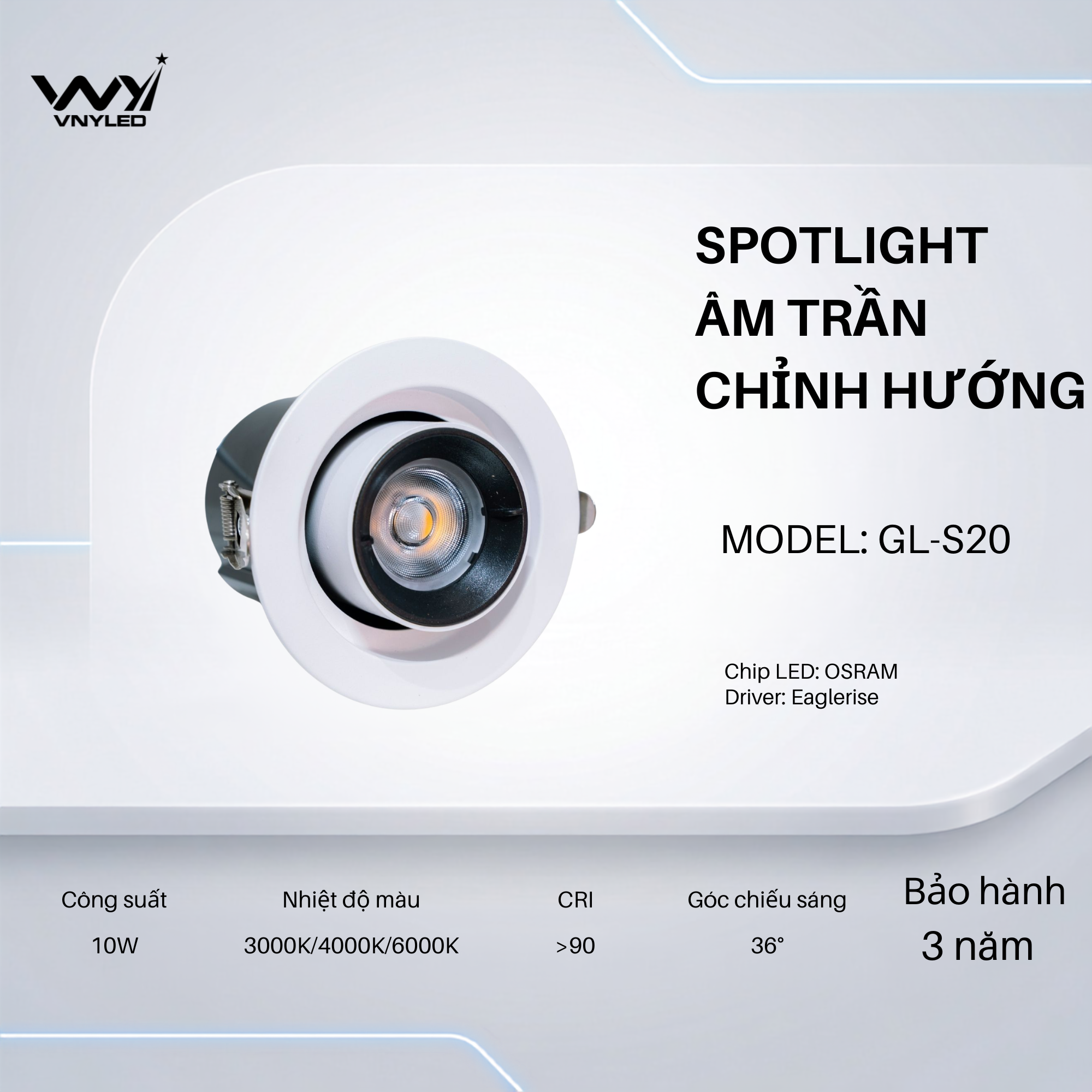 Đèn LED Spotlight Âm Trần Chỉnh Hướng 10W CRI90 Model GL-S20 - VNYLED