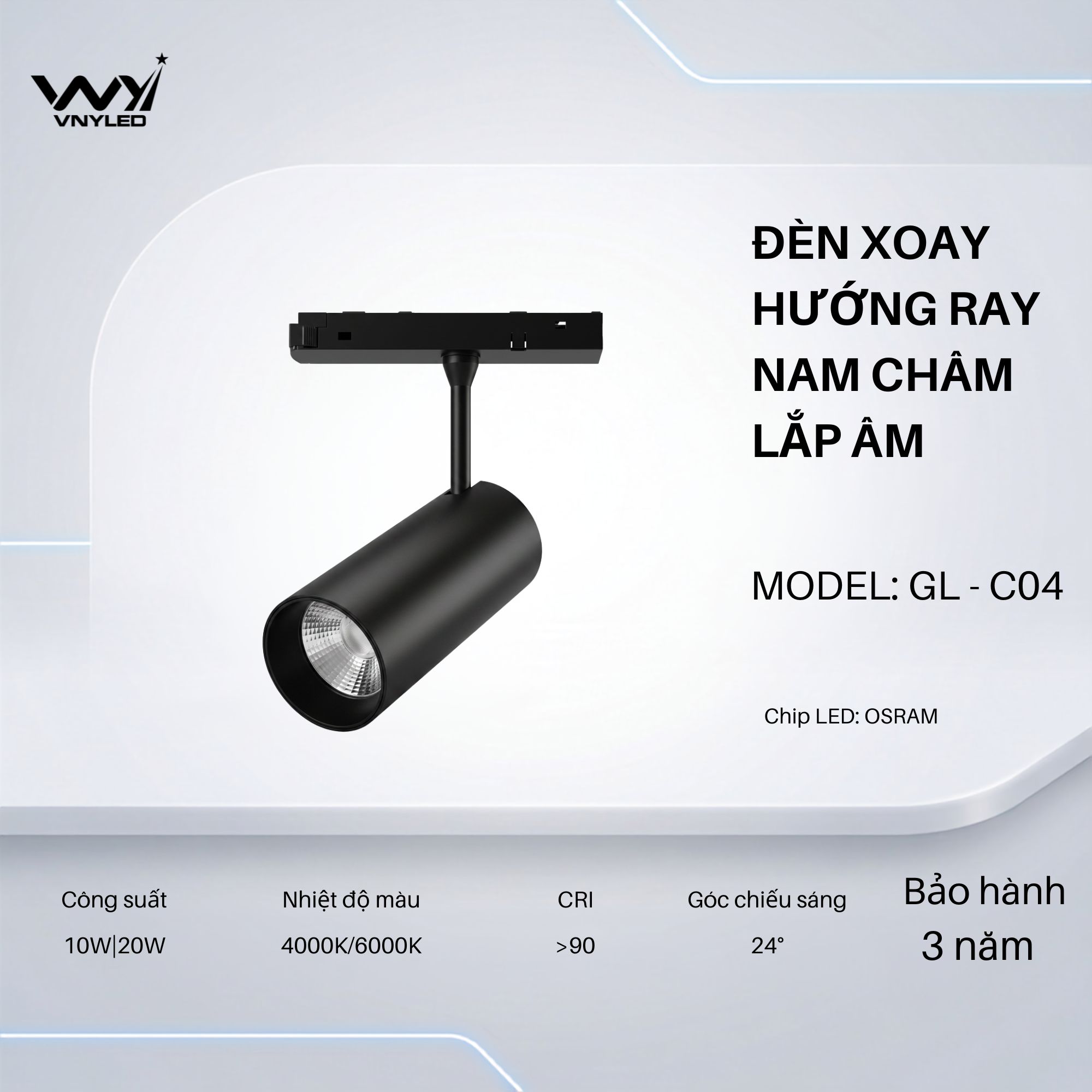 Đèn LED Xoay Hướng Ray Nam Châm Lắp Âm 10W|20W CRI90 Model GL-C04 - VNYLED