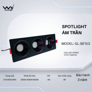 Đèn LED Spotlight Âm Trần Viền Vuông Ba Bóng 21W|30W|36W CRI90 Model GL-S01E3 - VNYLED