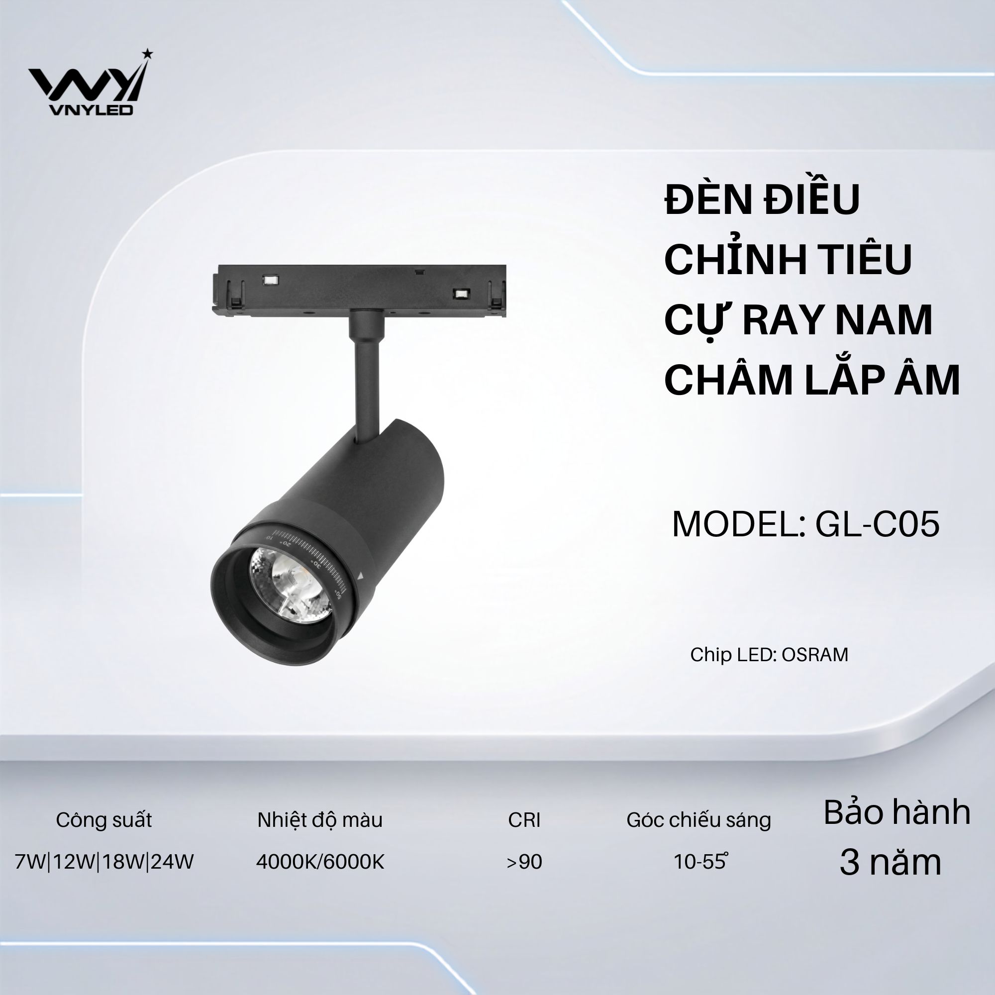 Đèn LED Điều Chỉnh Tiêu Cự Ray Nam Châm Lắp Âm 7W|12W|18W|24W CRI90 Model GL-C05 - VNYLED