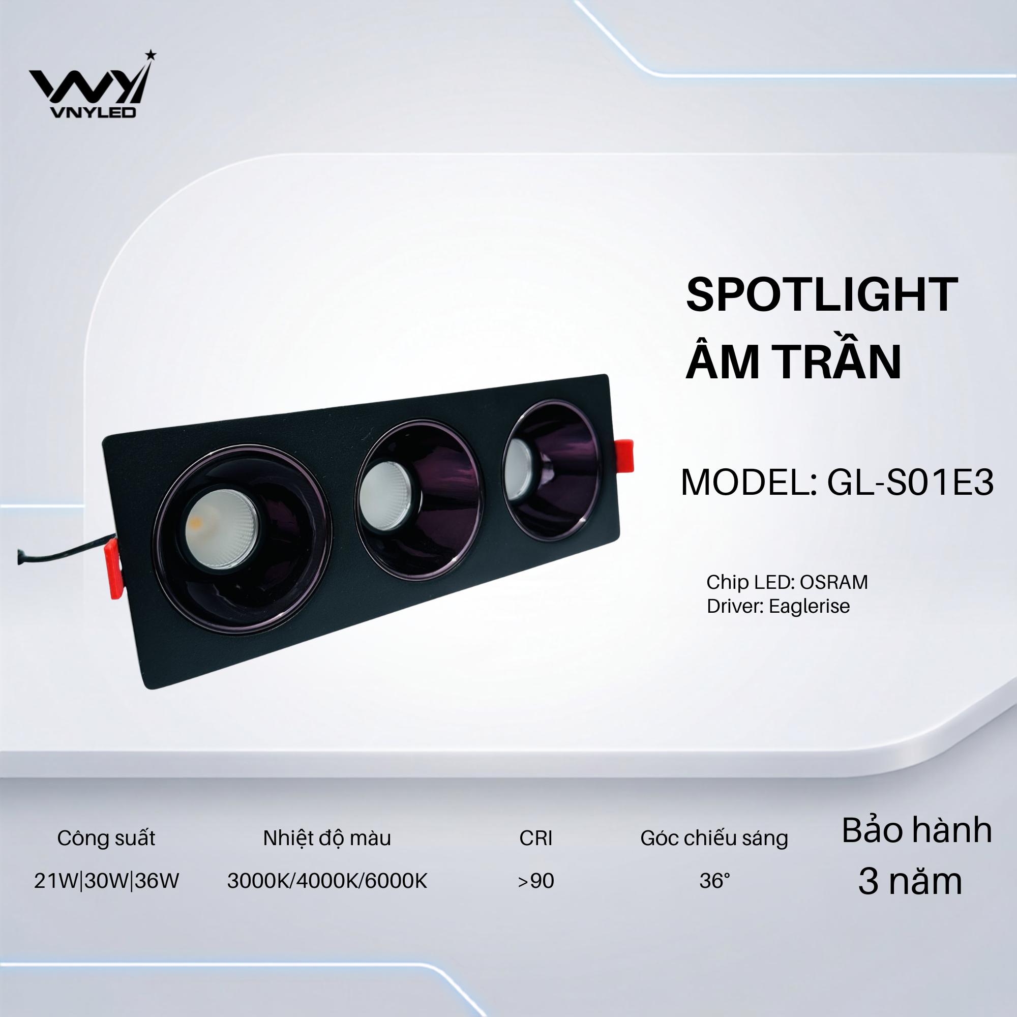 Đèn LED Spotlight Âm Trần Viền Vuông Ba Bóng 21W|30W|36W CRI90 Model GL-S01E3 - VNYLED