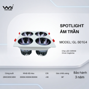 Đèn LED Spotlight Âm Trần Viền Vuông Bốn Bóng 28W|40W|48W CRI90 Model GL-S01E4 - VNYLED