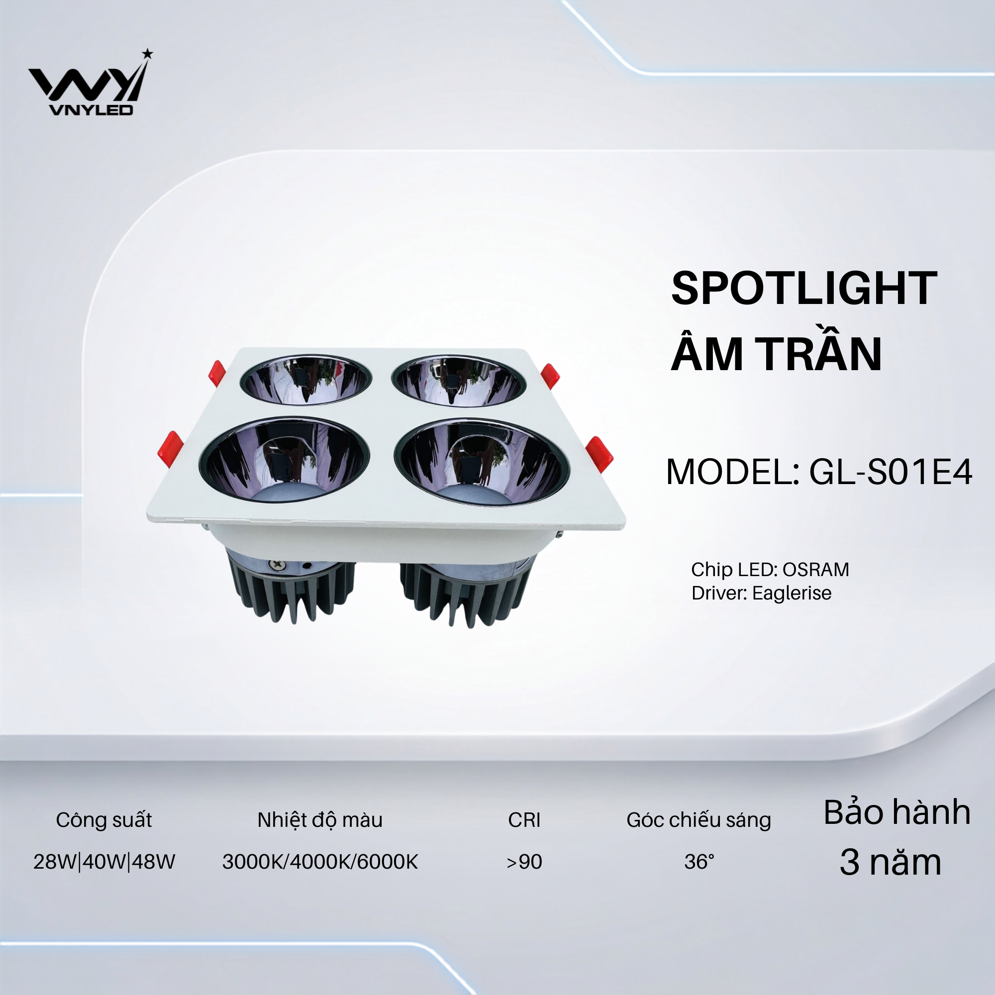 Đèn LED Spotlight Âm Trần Viền Vuông Bốn Bóng 28W|40W|48W CRI90 Model GL-S01E4 - VNYLED