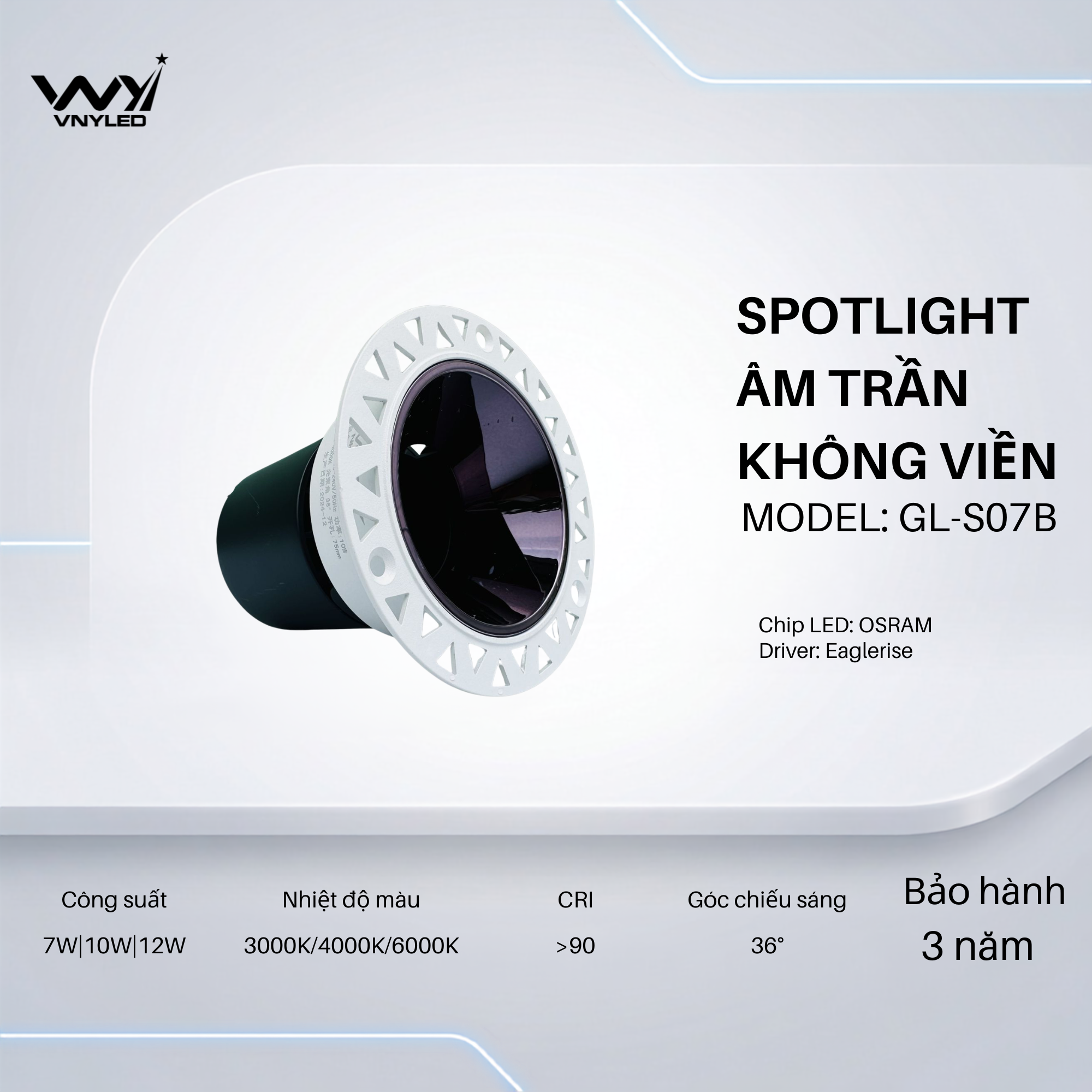 Đèn LED Spotlight Âm Trần 7W|10W|12W CRI90 Model GL-S07B - VNYLED