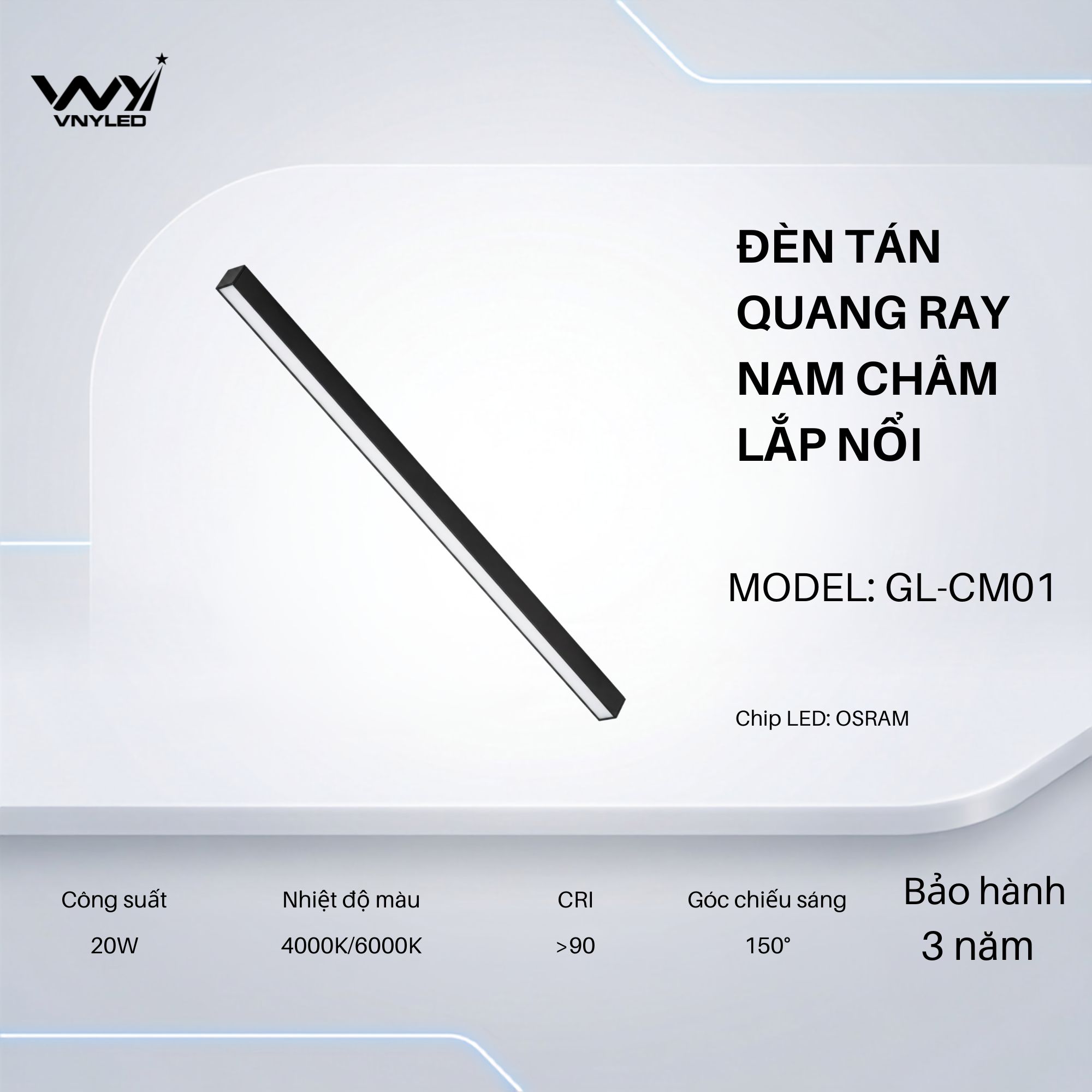 Đèn LED Tán Quang Ray Nam Châm Lắp Nổi 20W CRI90 Model GL-CM01 - VNYLED