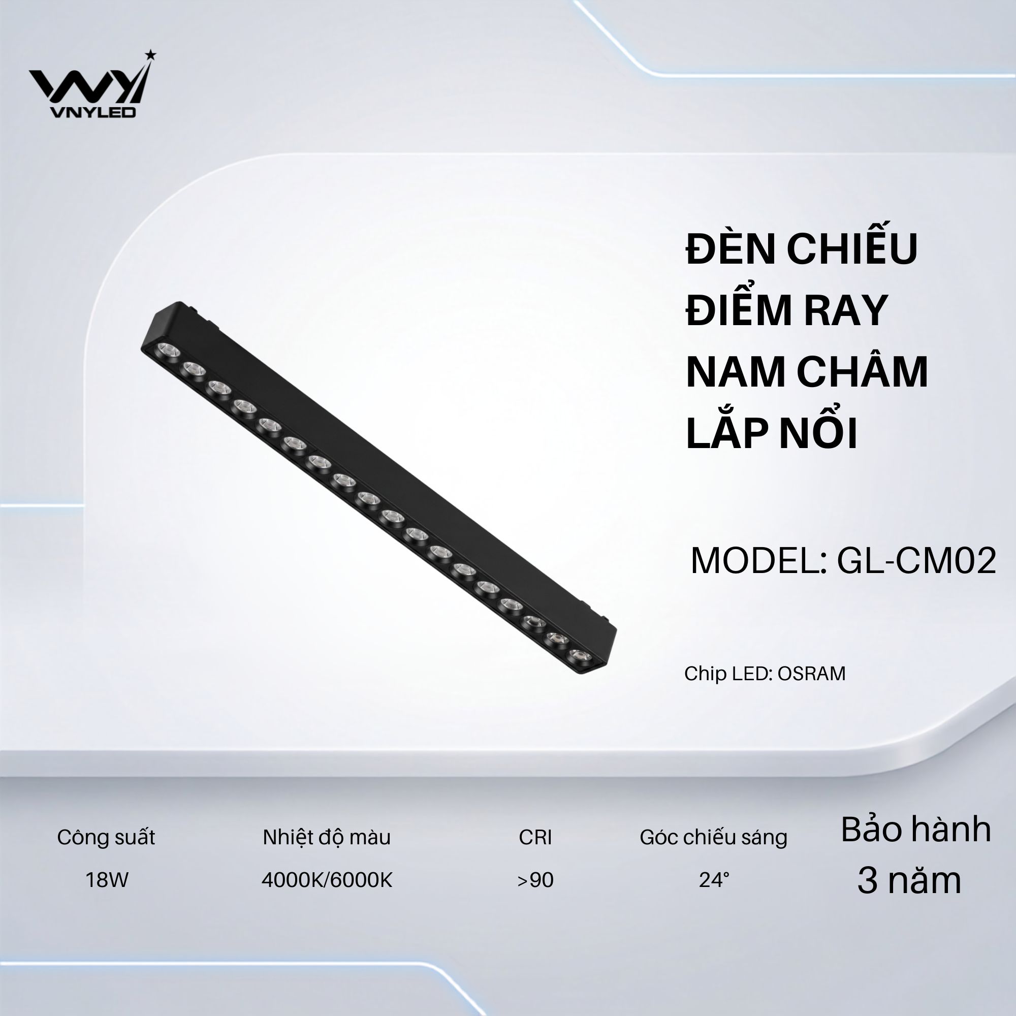 Đèn LED Chiếu Điểm Ray Nam Châm Lắp Nổi 18W Model GL-CM02 - VNYLED