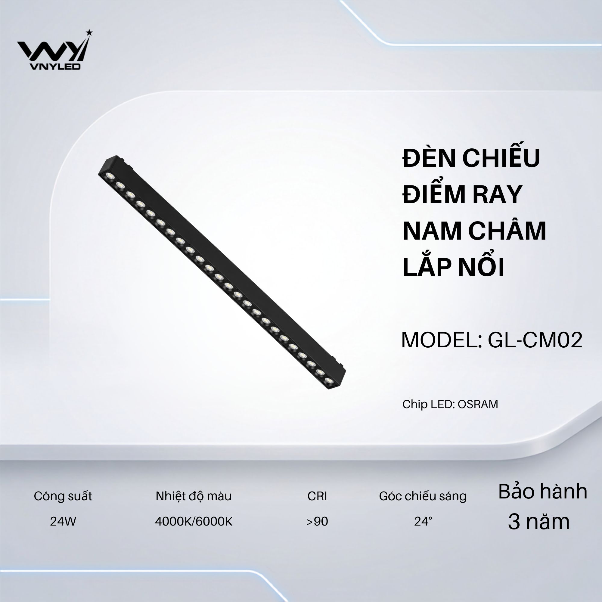 Đèn LED Chiếu Điểm Ray Nam Châm Lắp Nổi 24W CRI90 Model GL-CM02 - VNYLED