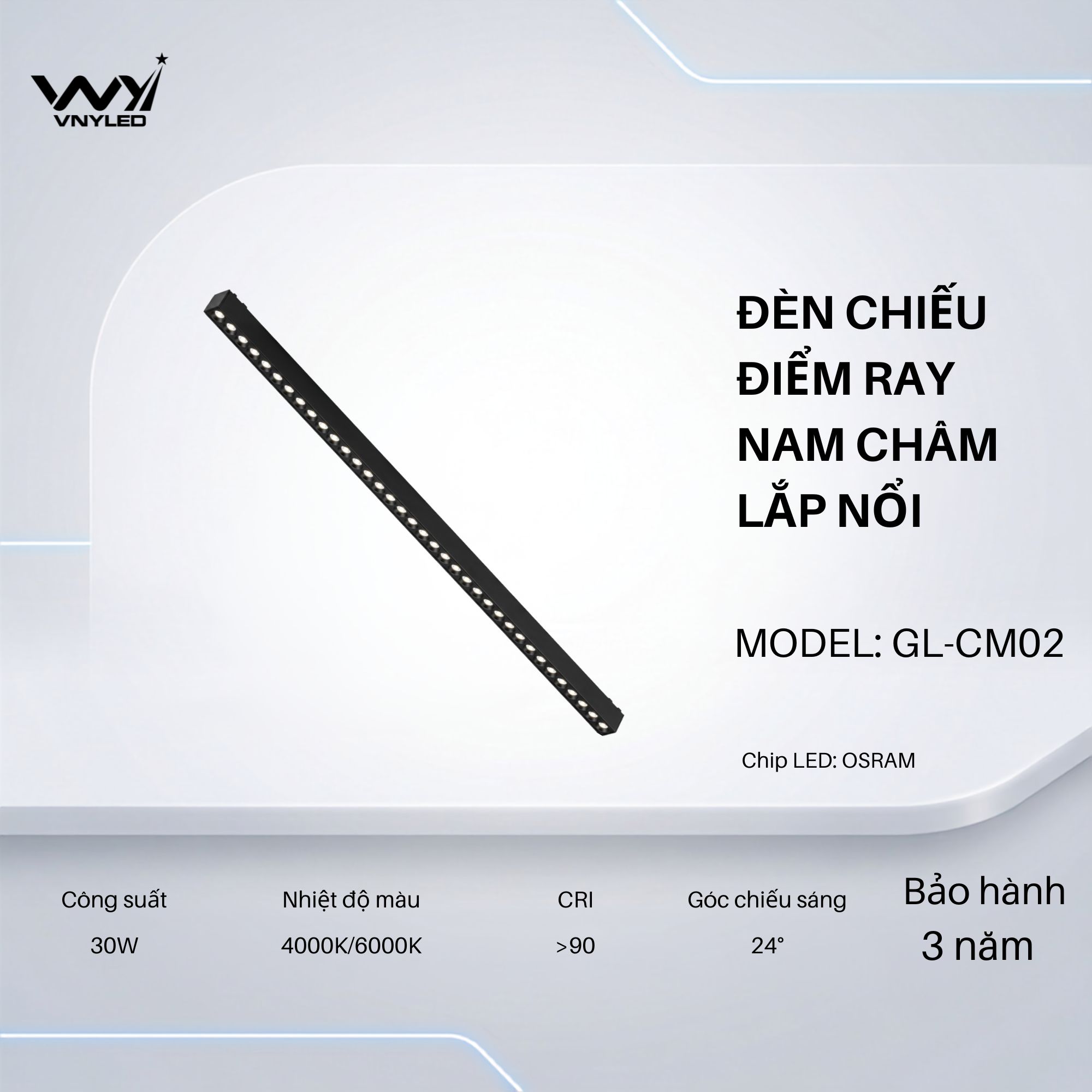 Đèn LED Chiếu Điểm Ray Nam Châm Lắp Nổi 30W CRI90 Model GL-CM02 - VNYLED