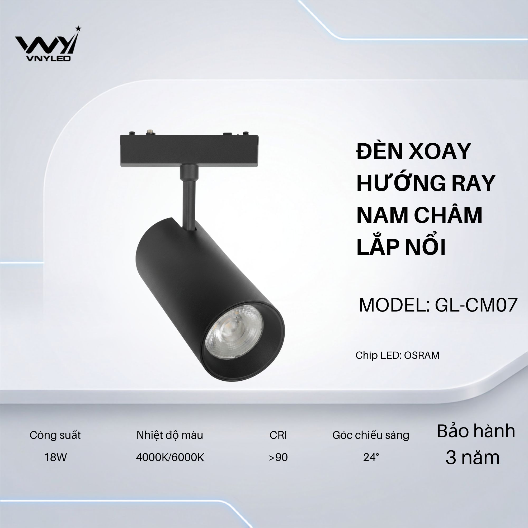 Đèn LED Xoay Hướng Ray Nam Châm Lắp Nổi 18W CRI90 Model GL-CM07 - VNYLED