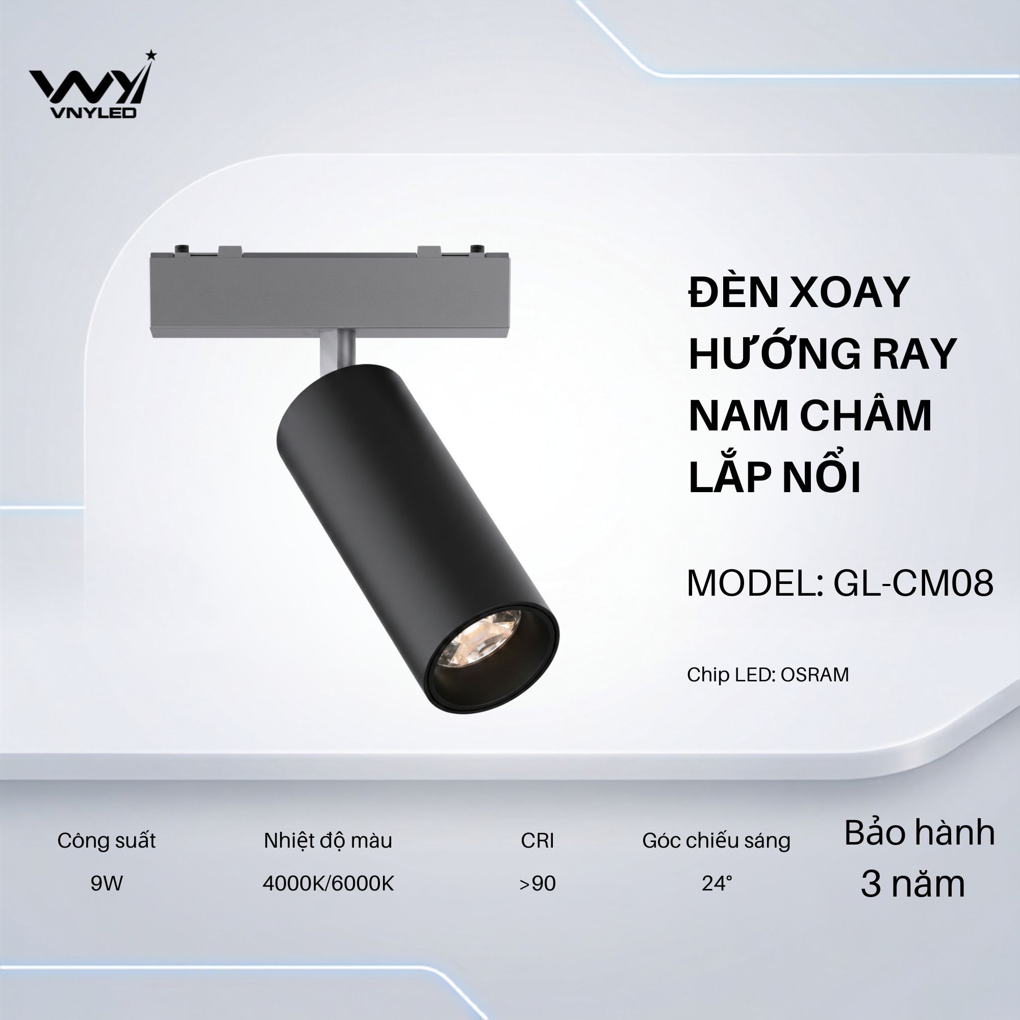 Đèn LED Xoay Hướng Ray Nam Châm Lắp Nổi 9W CRI90 Model GL-CM08 - VNYLED
