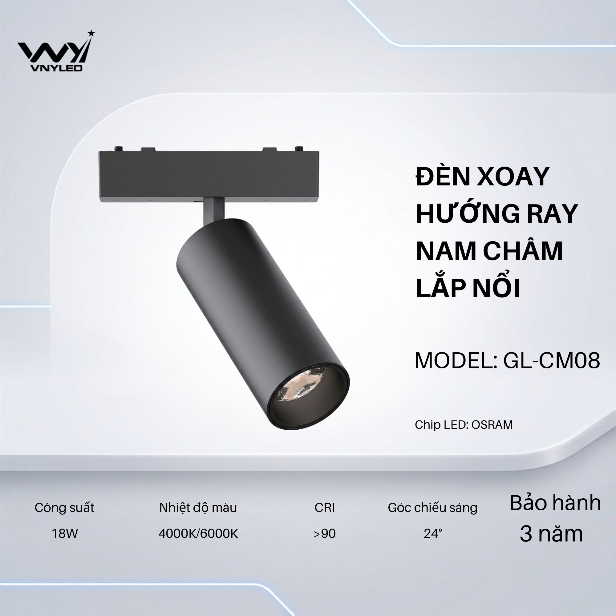 Đèn LED Xoay Hướng Ray Nam Châm Lắp Nổi 18W CRI90 Model GL-CM08 - VNYLED