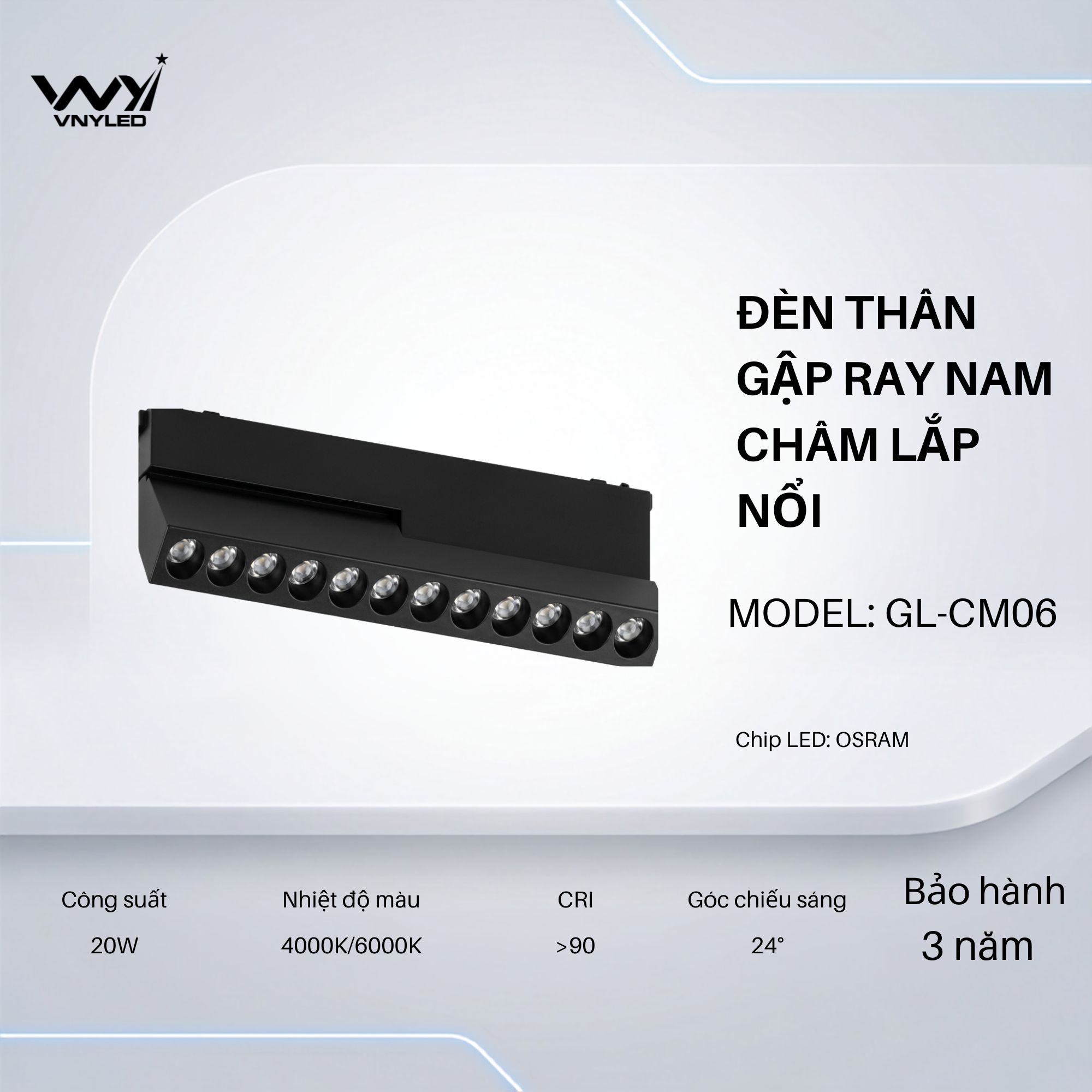 Đèn LED Thân Gập Ray Nam Châm Thân Nổi 20W CRI90 Model GL-CM06 - VNYLED